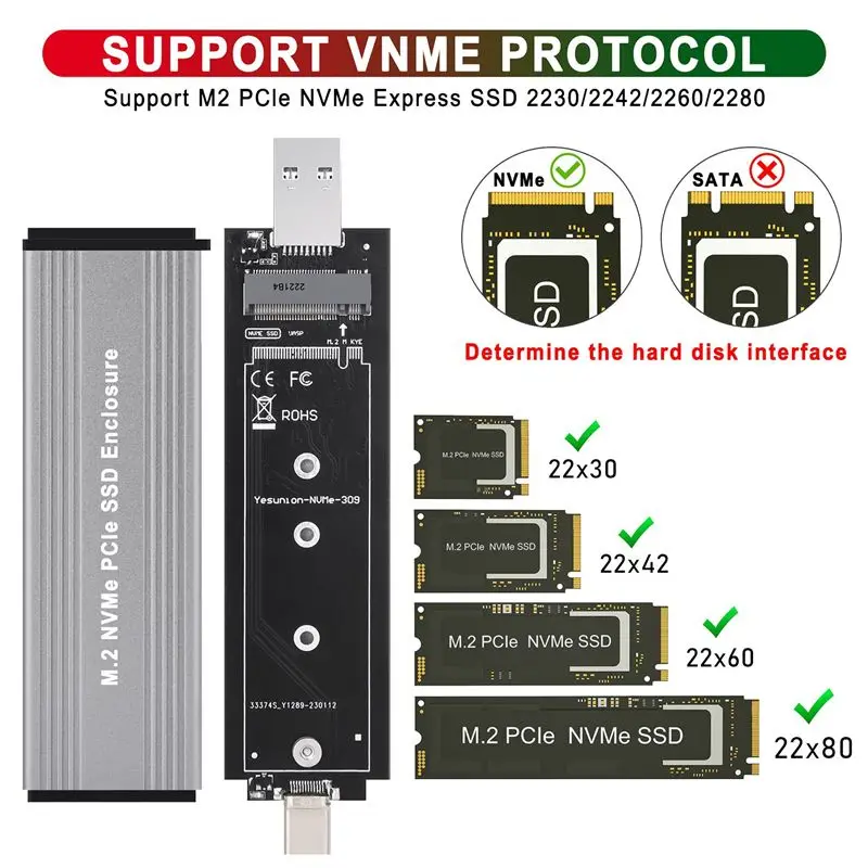 SCLS M.2 NVME PCIe SSD Enclosure Case with USB C 3.1 Gen 2 USB3.0 to M.2 M Key HDD Enclosure for 2230 2242 2260 2280