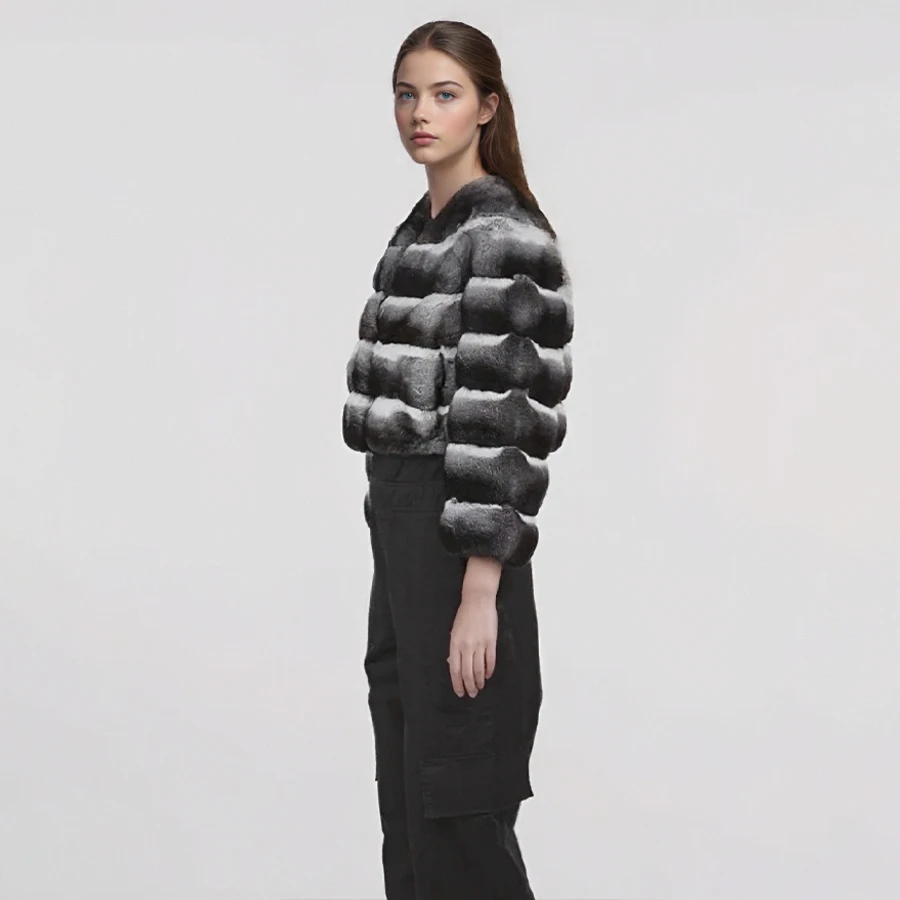 Kurzer Rex-Kaninchenfellmantel mit V-Ausschnitt, Chinchilla-farbige Jacken, Damen-Lederjacke, modischer neuer kurzer natürlicher Pelzmantel