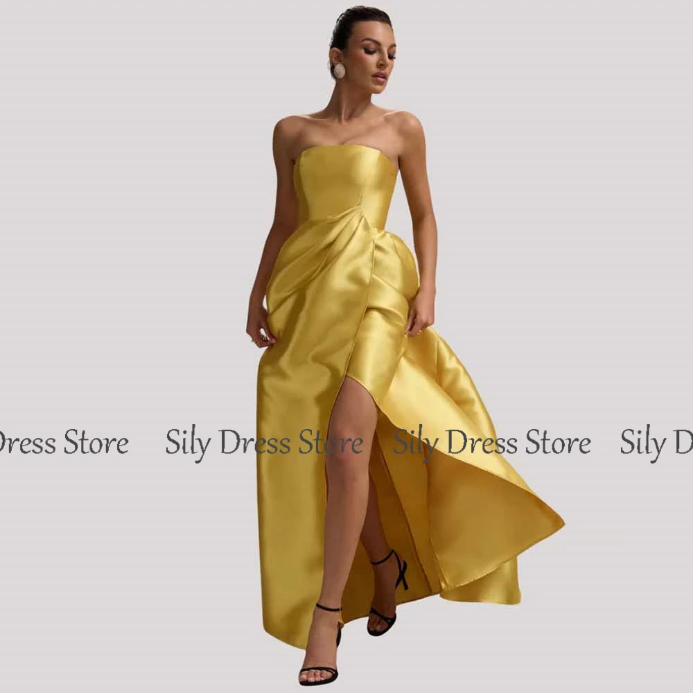 Simple Ceremony Evening Dresses 2025 Satin A-line Celebrity Dress Golden Strapless Pleat Split Prom Dress Long