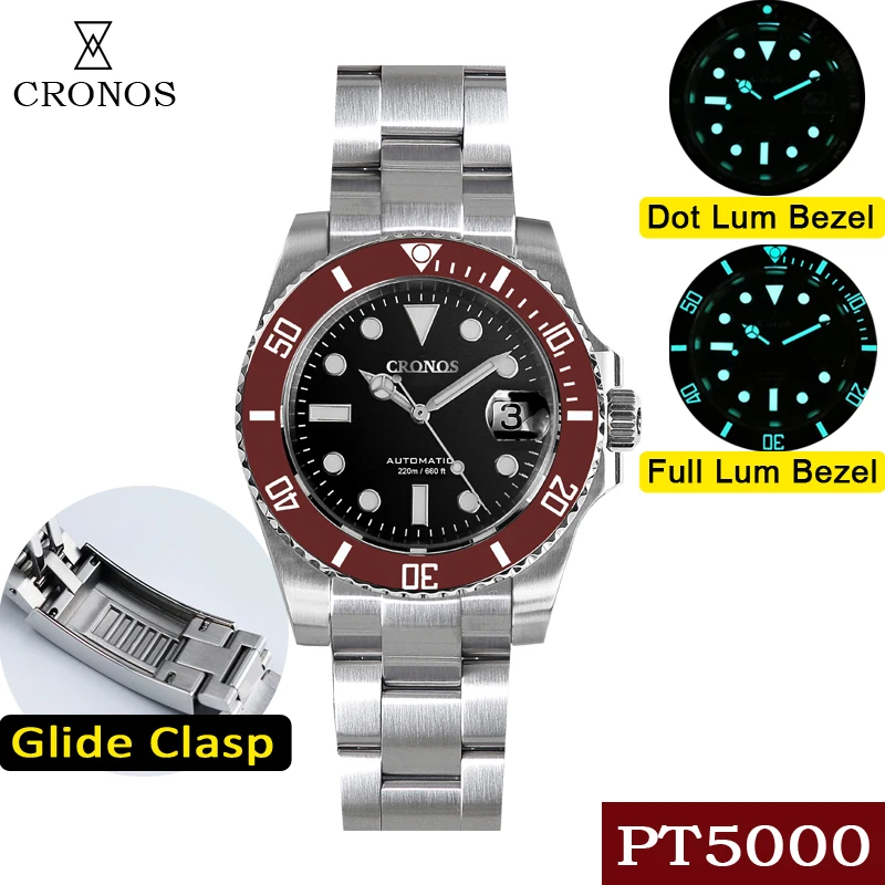 Cronos Sub Diver Men Watch Stainless Steel PT5000 Bracelet Ceramic Bezel 200 meters Water Resistant Glideclasp L6005 V3 Watches