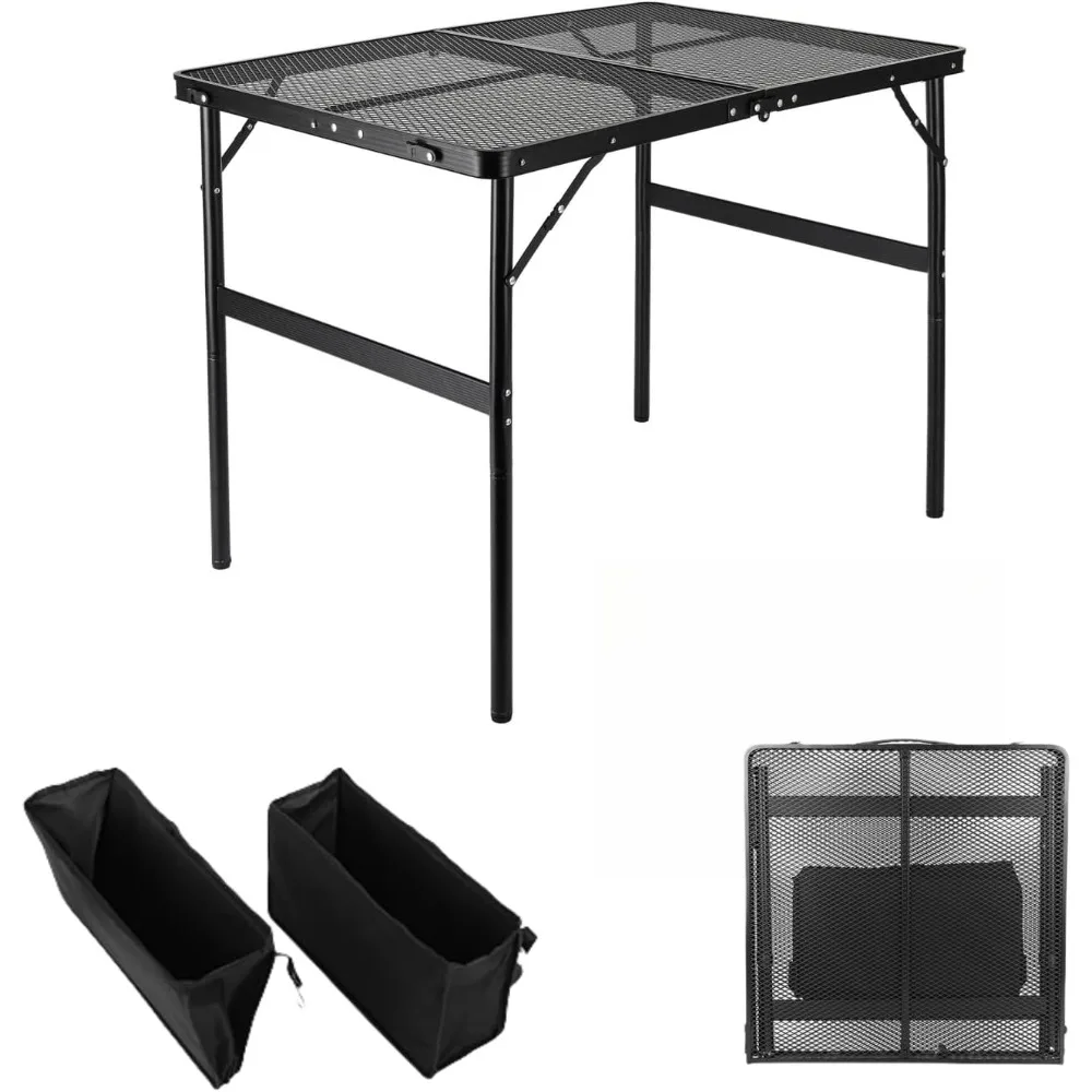 

Camping Table 3FT Grill Table with 2×7/15L Storage Bag Foldable Folding Table Picnic Portable Stand Mesh 2 Height Adjustable Out