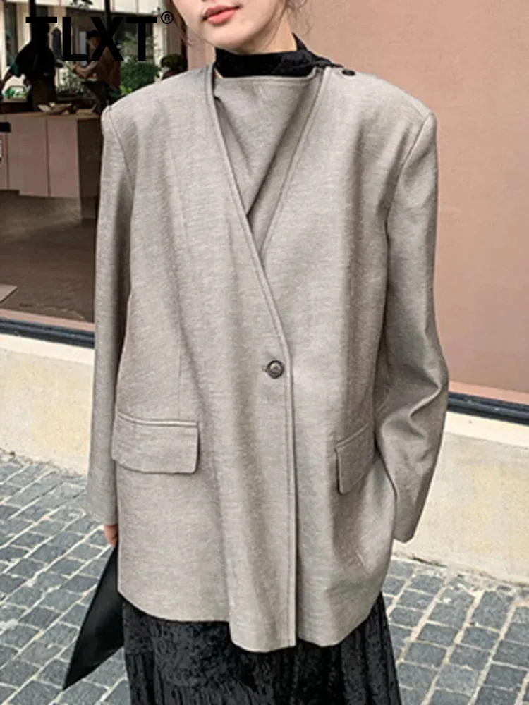 

TLXT Fashion Women's Vintage Style Blazer Jacket Gray Chic Oversized Outerwear One Button Suit Coat For Office Work 2025 New