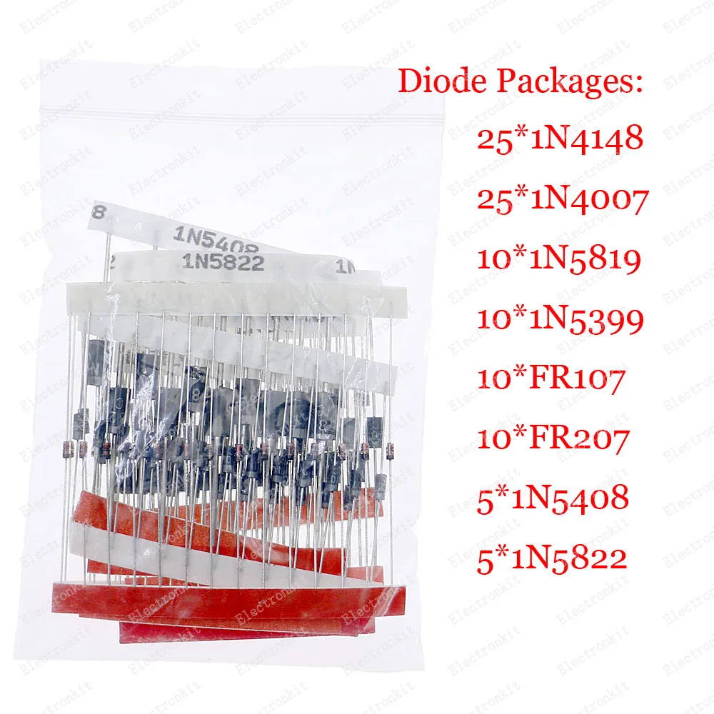 100pcs 8value Fast Switching Schottky Diode Kit Set 1N4148 1N4007 1N5819 1N5399 1N5408 1N5822 FR107 FR207 Diode pack