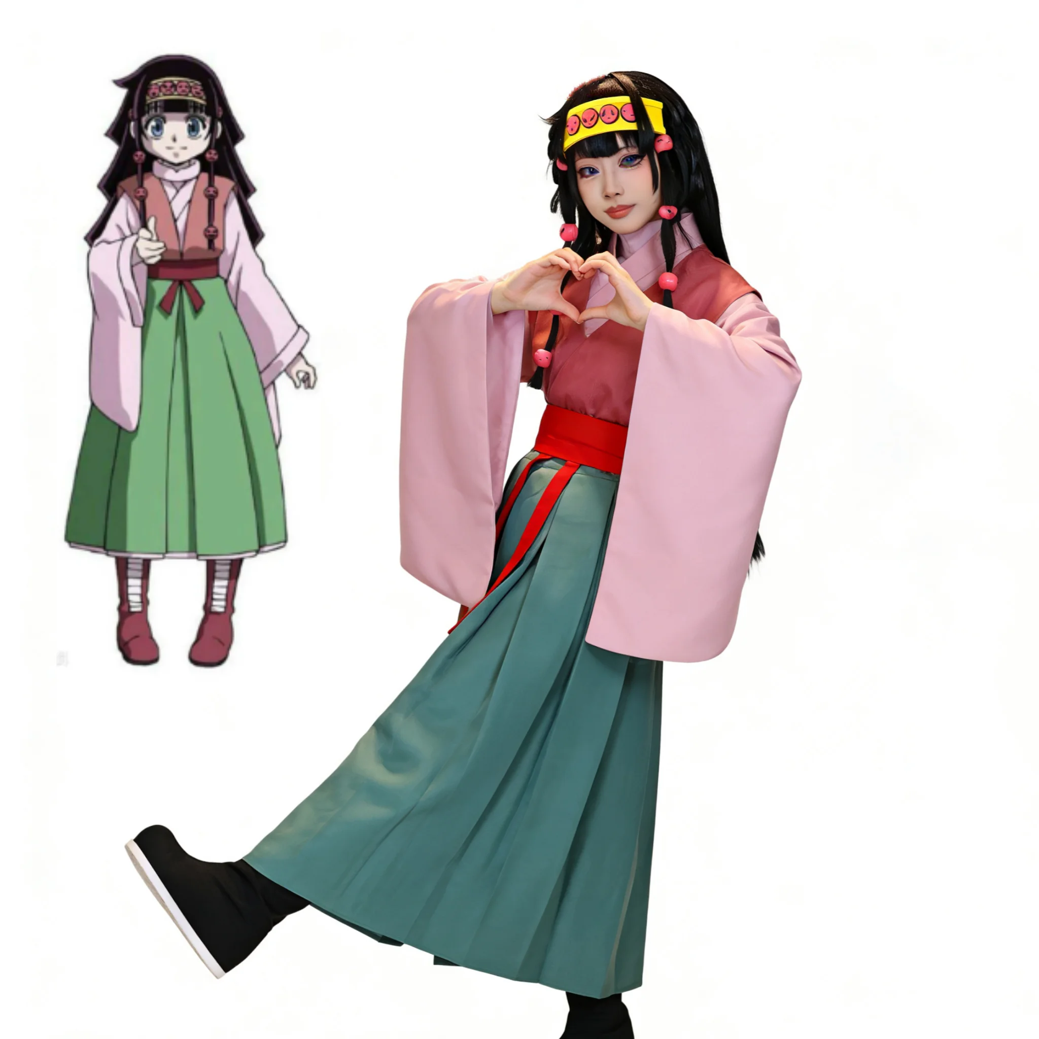 Anime Alluka Zoldyck Cosplay Costume Pink Green Japanese kimono Wigs Full Set Halloween Party Role Play Dressing
