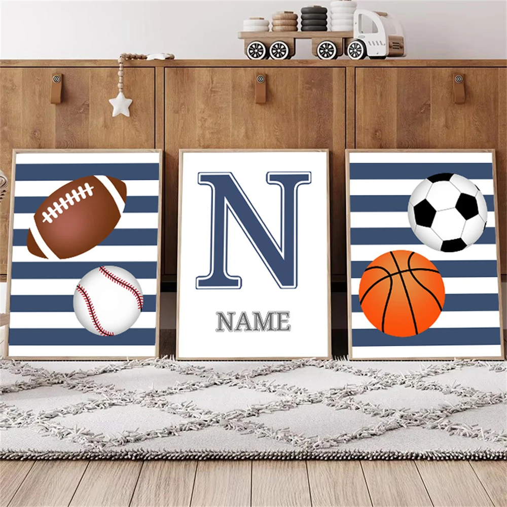 Rugby Baseball Football Basketball Nursery Poster Custom Name Wall Art Canvas Painting Nordic Print Pictures Kids Boy Room Decor