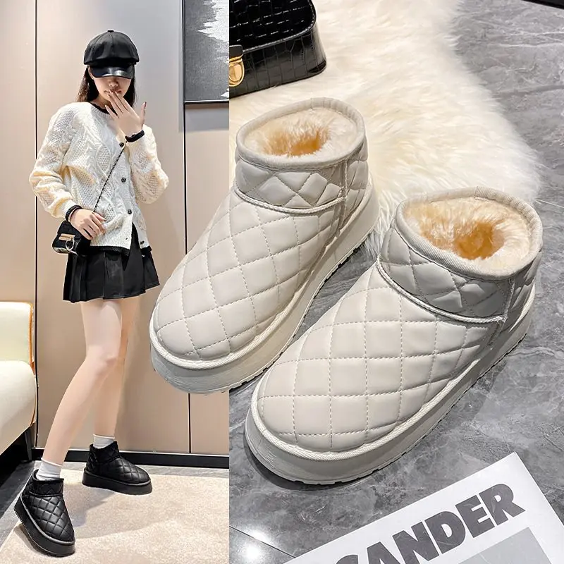 

New Winter Snow Boots Women Warm Fur Lined Platform Ankle Boots Thick Sole Slippers Leather Waterproof Shoes Fashion Casual