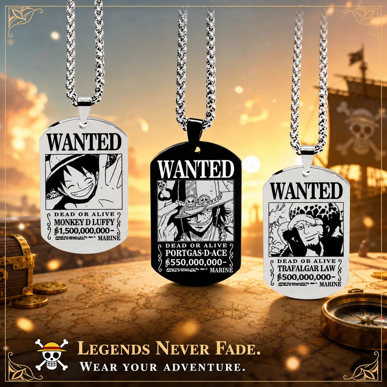 Collar de Acero de Titanio con Colgante de One Piece para Hombre, Diseño de Luffy, Zoro, Ace, con Cadena y Placa de Búsqueda, Regalo de Alta Calidad, Temática Pirata