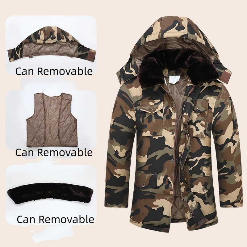 5 uomini inverno Camouflage fodera a prova di freddo velluto cappotto di cotone spesso donna vento impermeabile giacca collo di pelliccia staccabile con cappello