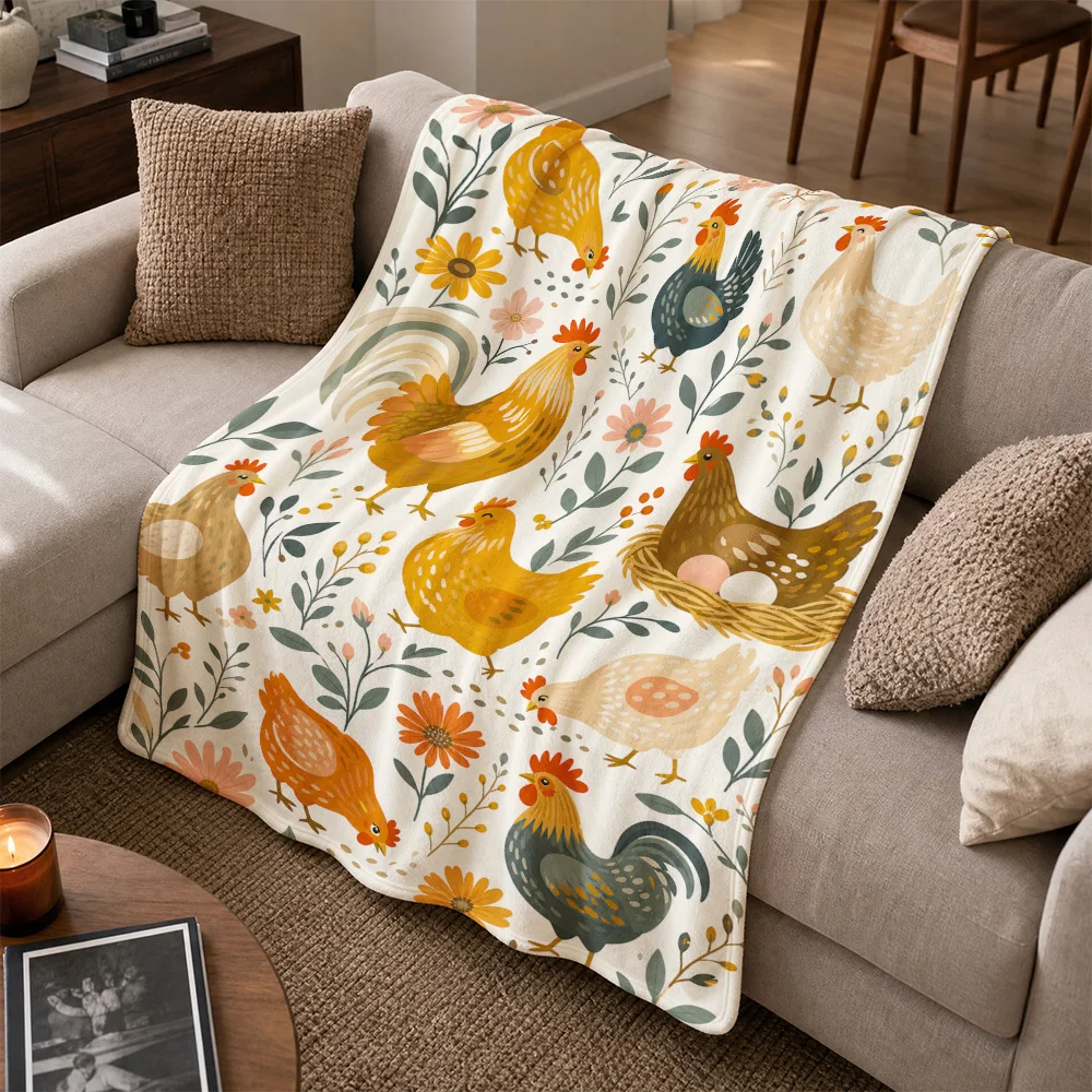 Cute Chicken Print Farmhouse Throw Blanket Cottage Decor Floral Pattern Sofa Throw Living Room Cozy Naptime Plush Washable Gift