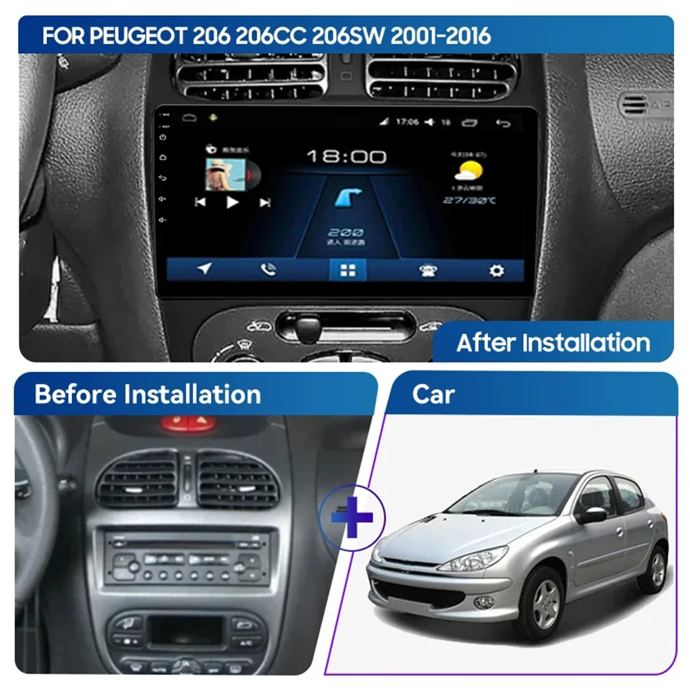 Android Radio Car For PEUGEOT 206 206CC 206SW 2001 - 2016 Multimedia Automotiva Apple Carplay Accessories Pantalla Coche Camera