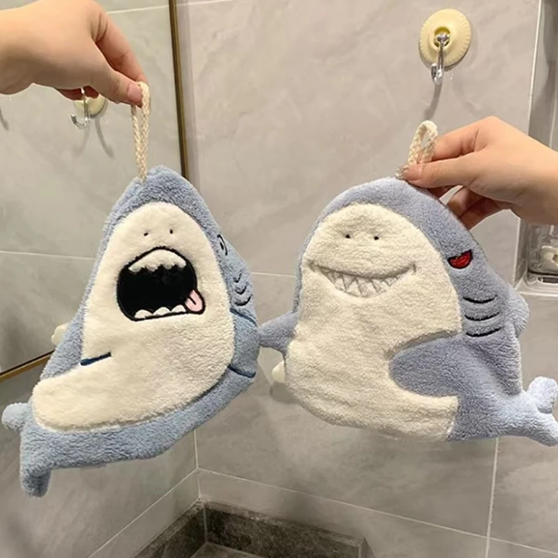 Cute Cartoon Shark Hand Towel Quick Drying Kitchen Towel Cleaning Rag Coral Velvet Absorbent Hanging Towel Bathroom Accessories