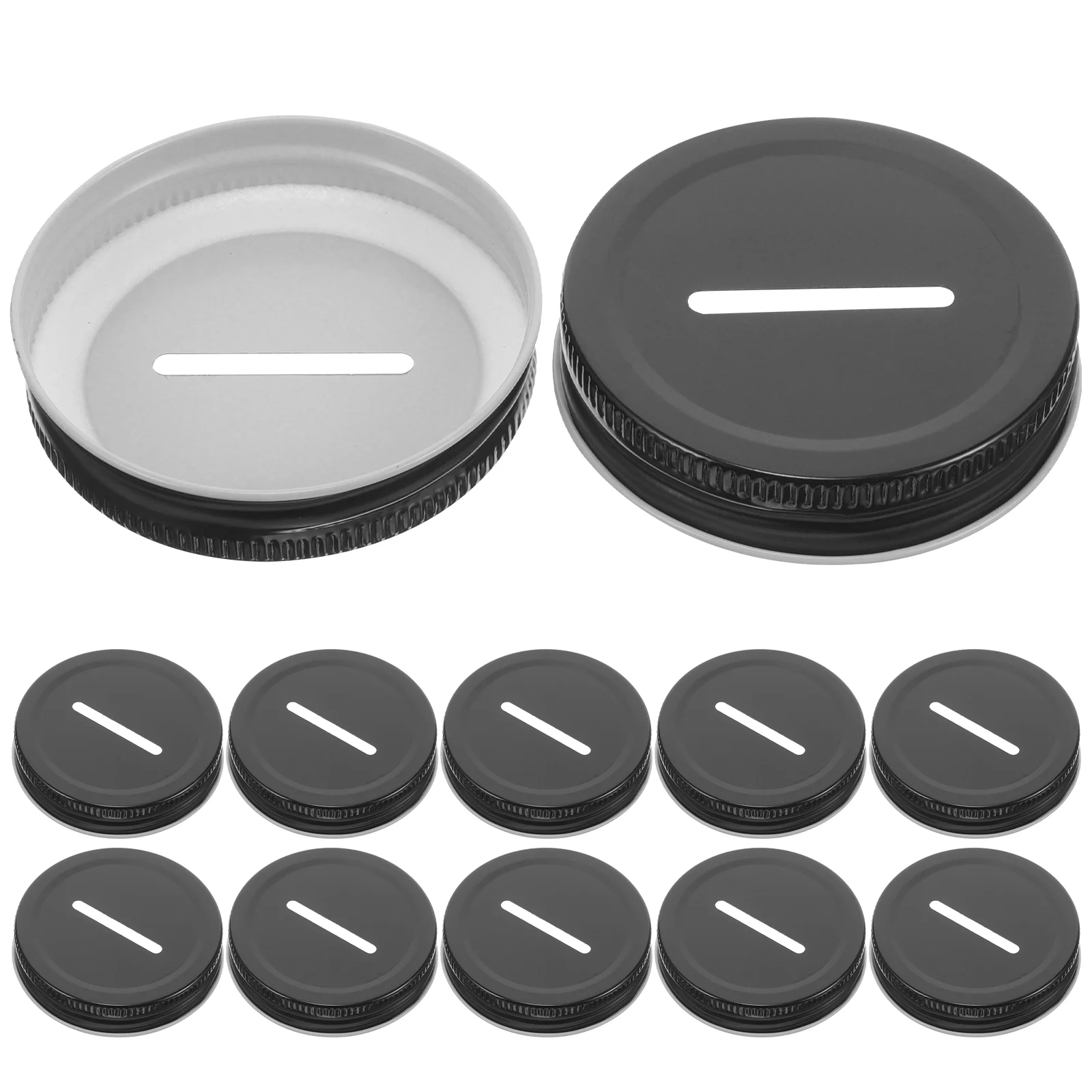 12 Pcs Ball Jar Lids Tinplate Piggy Bank Coin Slot Leakproof Money Saving Jars Black