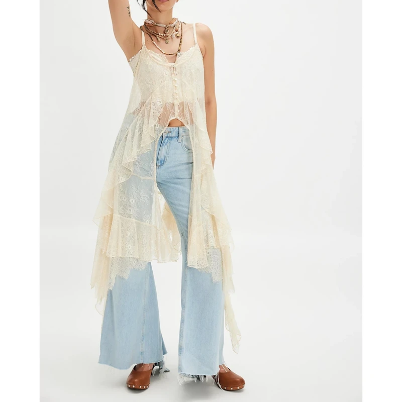 

Combhasaki Women Chic Sleeveless Button-up Slit Front Camisoles Floral Lace See-through Ruffle Layered Irregular Hem Shirt Dress