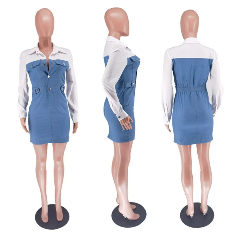 فستان قصير نسائي من قماش الدنيم مُزين بقطع القماش وصدر واحد وجيب على شكل طية صدر السترة فستان قميص ضيق لربيع وخريف 2025 فساتين حفلات