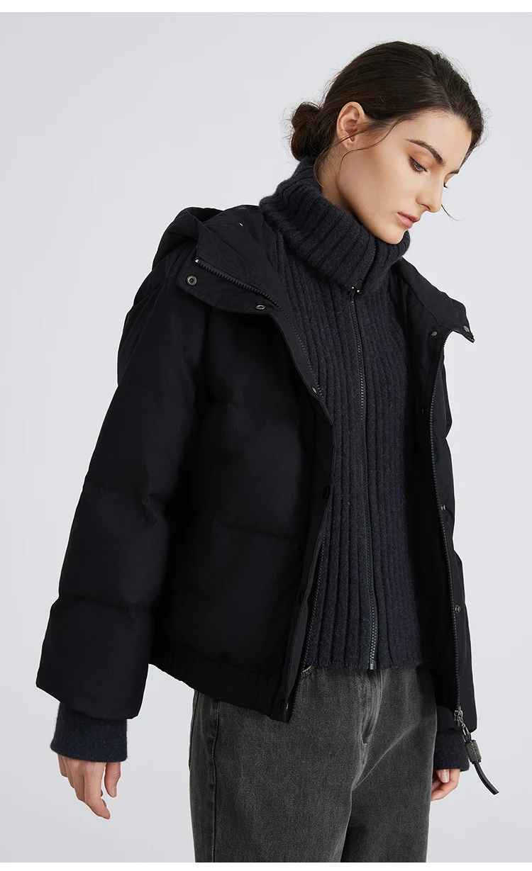 BC869 Rollkragenjacke mit Kapuze, Reißverschluss und Knopfleiste, 100% Kaschmir, leichte Luxus-Daunenjacke aus weißem Gänsedaunen für Damen – Detail 9