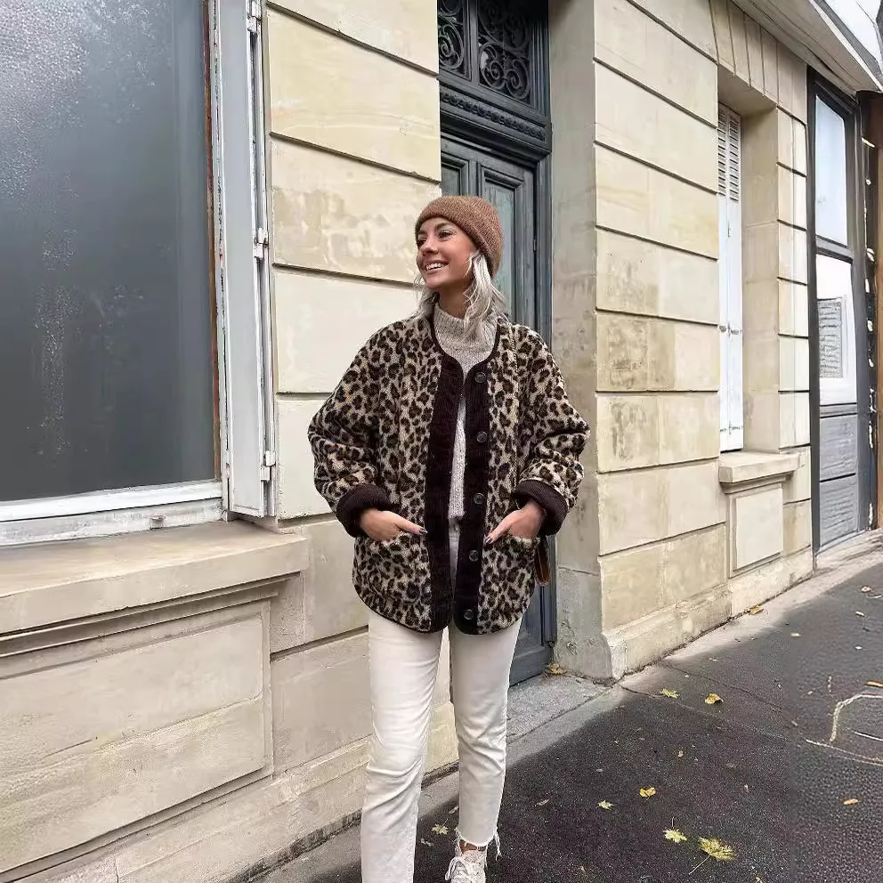Jaket Fleece Musim Gugur Musim Dingin Terbaru Untuk Wanita, Mantel Pendek Lengan Panjang Motif Leopard Elegan, Pakaian Luar Wanita Bergaya Chic High Street