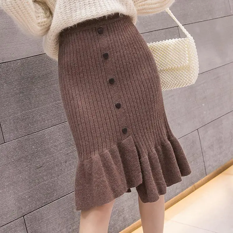 

Half Length Skirt Irregular Knitting Autumn Winter New Fashion Solid Slim Ruffles Fish Tail Skirt Elegant Vintage Women Clothing