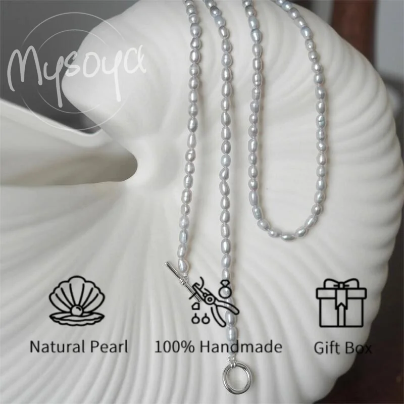 

MYSOYA 3,5-4,5 мм натуральный серый рис в форме пресноводного жемчуга ожерелье для женщин и мужчин подарочная коробка день рождения свадьба пасхальные ювелирные изделия подарок
