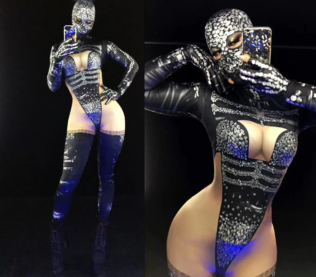 

sexy skeleton print stage performance jumpsuits drag queen stripper festival outfits dance leotard women bodysuit bodycon romper