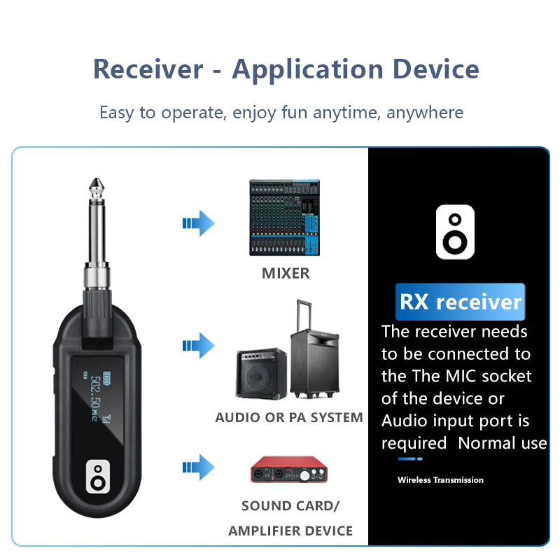 Rechargeable UHF Wireless Guitar System Condenser Microphone with Cardioid Polar Pattern Electric Guitar Transmitter Receiver