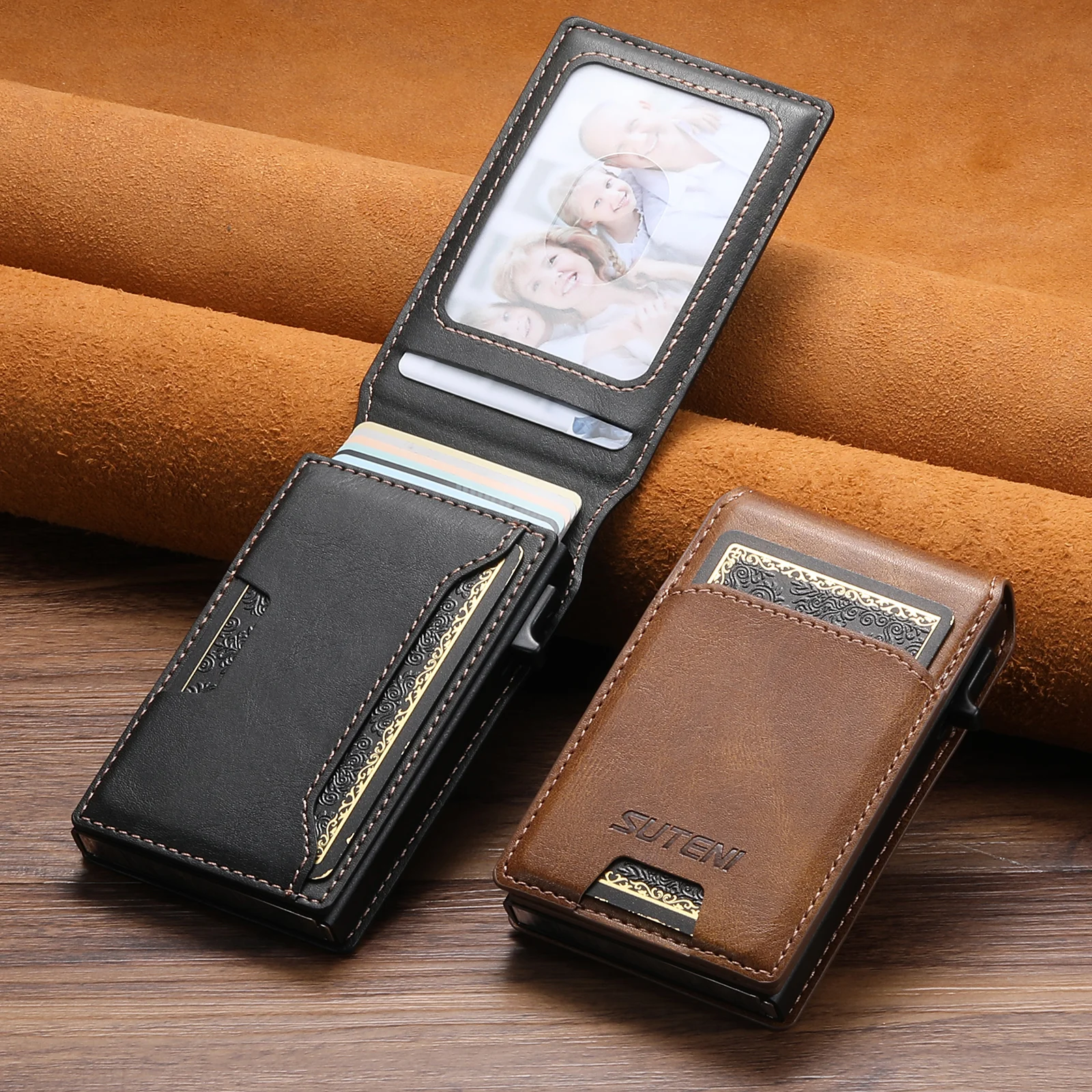 SUTENI Kartensteckplatz, Brieftasche, Flip-Cover, Kartenbox aus Kunstleder, drückt den Knopf automatisch die Karte aus – Detail 2