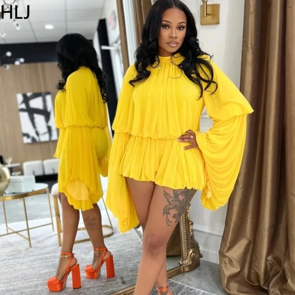 HLJ Casual Ruched Patchwork Bodycon Romper Women Flare Sleeve High Waist One Piece Jumpsuit Female Streetwear Overalls Summer