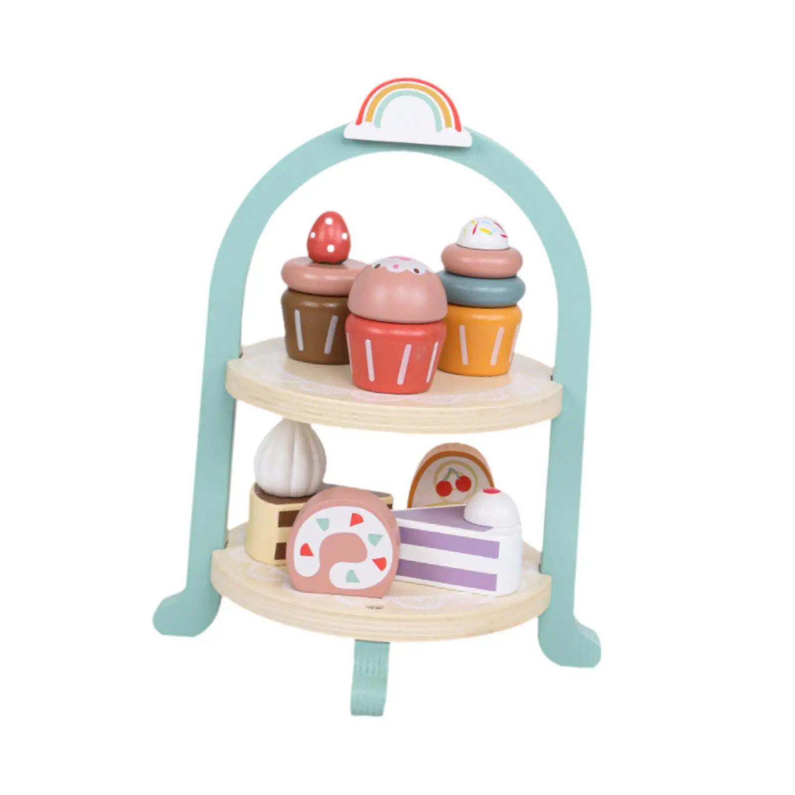 Desserts Food Toy with Stand Role Play Interactive Game Wooden Tea Set Playset for Kids 3 Years Old + Children Girls Toddlers