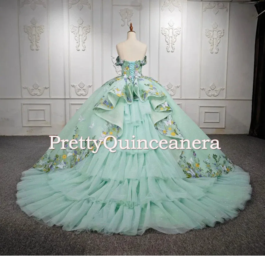 Красивое блестящее Тюлевое платье Quinceanera с красочной вышивкой и 3D бабочками