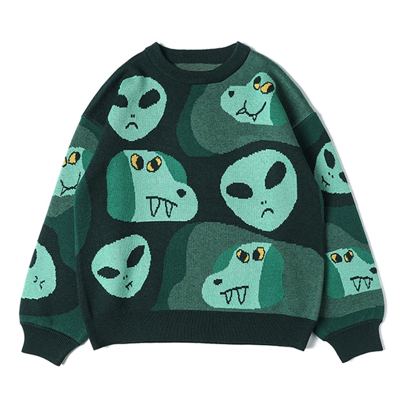 2024 Green Cartoon Fun Man Round Neck Sweater Casual Fashion Loose Knitted Couple Street Hip Hop Pullover Streetwear Ropa Hombre