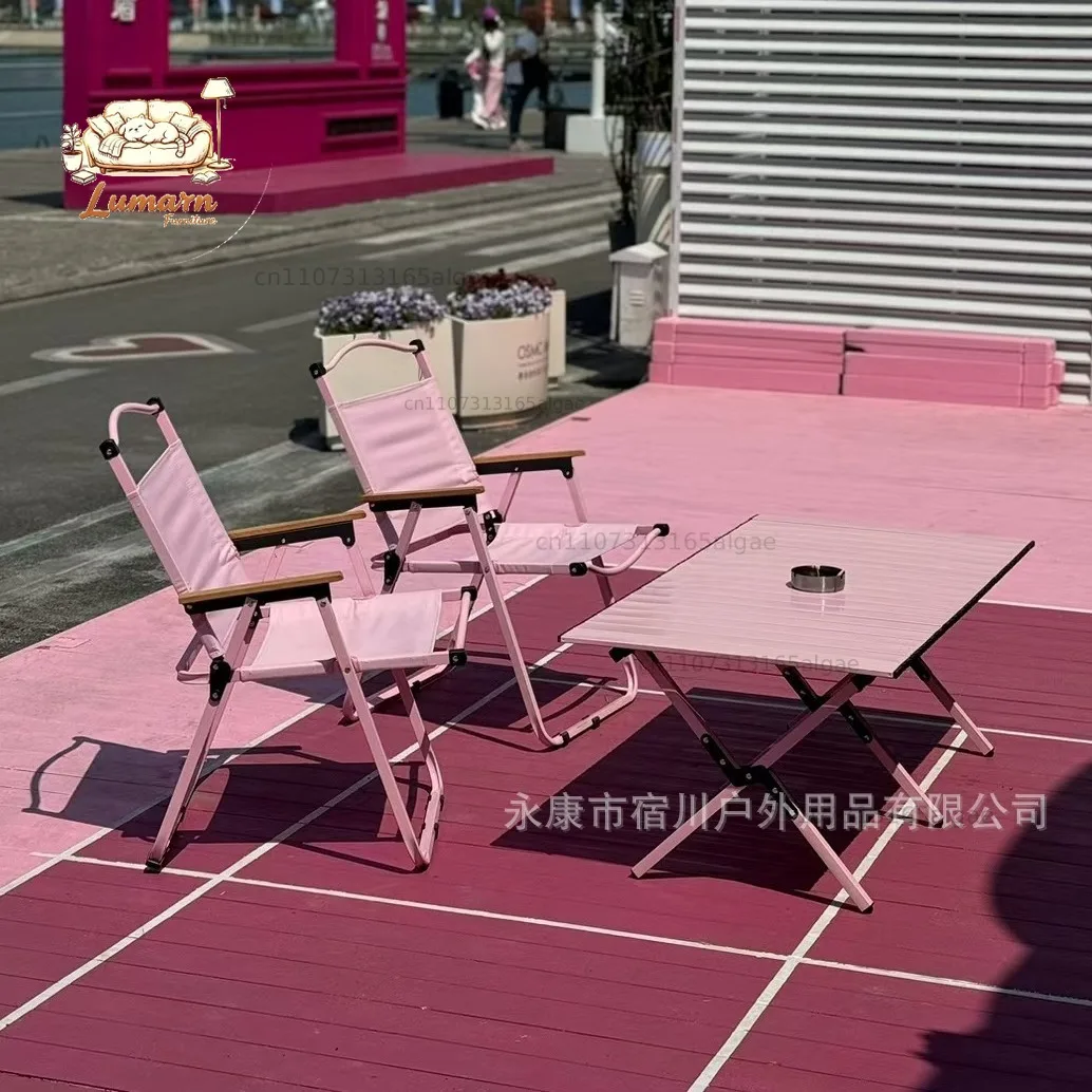 Outdoor pink carbon steel table and chair Kermit chair collapsible chair camping picnic design sense leisure