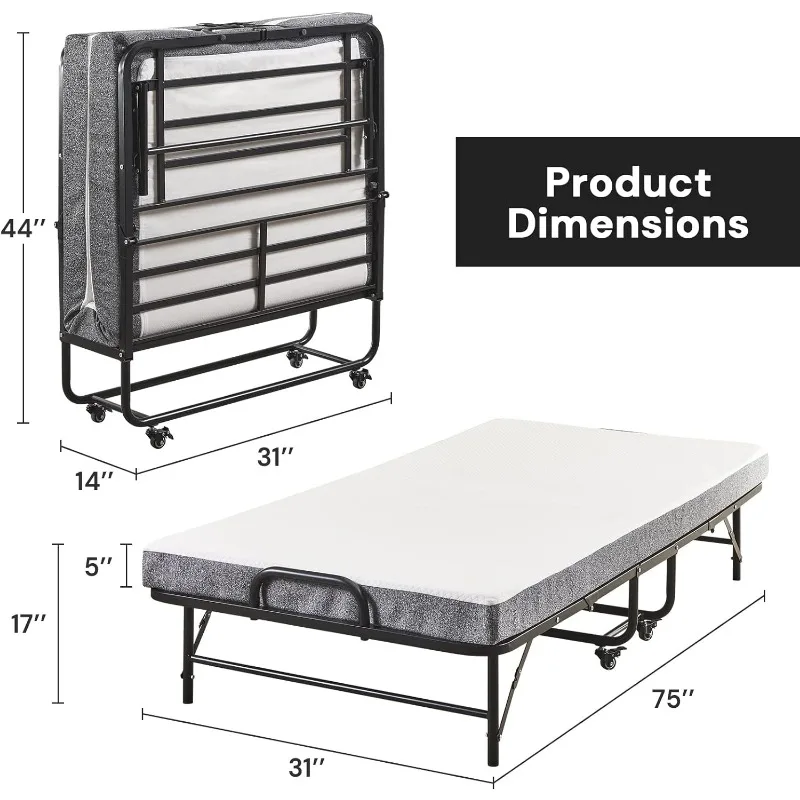 Tempat tidur lipat dengan kasur, 75 inci x 38 inci, Rollaway, tempat tidur tamu portabel dapat dilipat untuk dewasa, lipat dengan memori 5 inci
