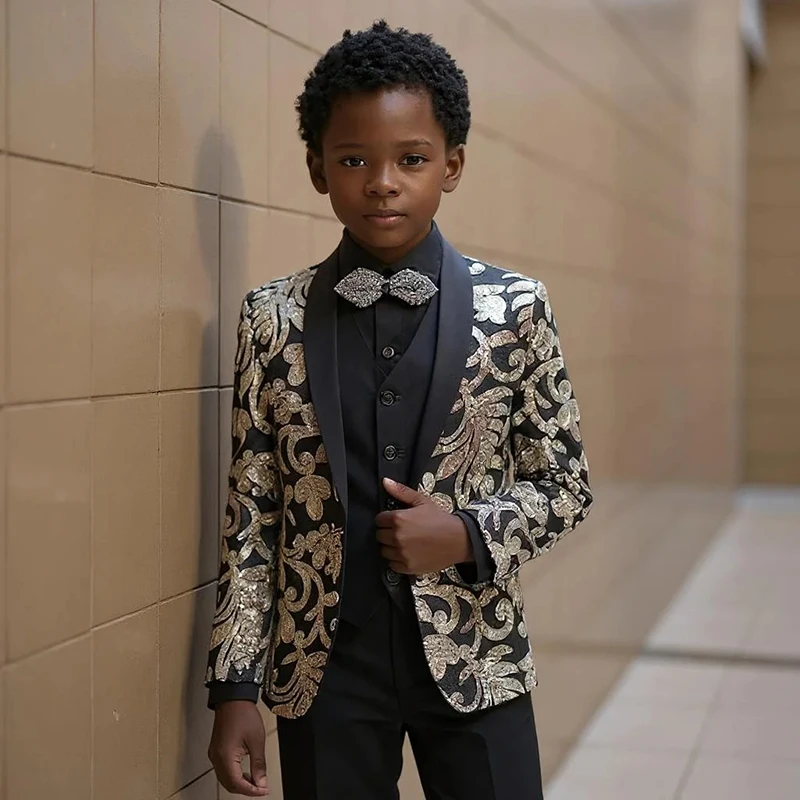 

Gold Sequins Boys Suit Set for 3-16 Years Old 3 Pieces Formal Kids Stage Set for Host Performance Suit Set Custom Made