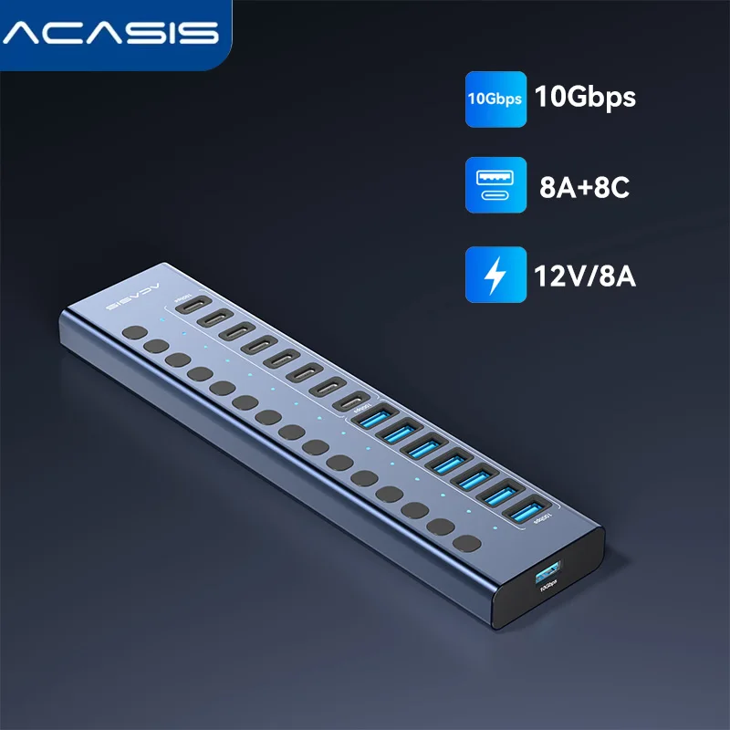 Acasis 16 Ports USB-C/A Hub 3.2 Docking Station 10Gbps Type C Splitter Extension Multi Socket Aluminum Adapter PC Laptop