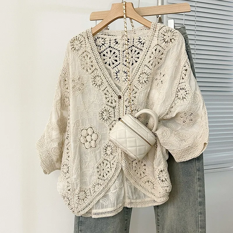 

Fashion Vintage Blouses Loose Solid Color Hook Flower Hollow Top V Neck Summer Casual Loose Design Women Clothing 2026