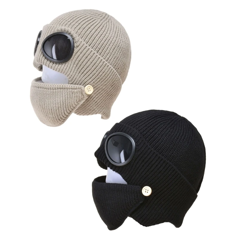 Brimless Ear Covering Hat with Breathable Ribbed Acrylic, Side Button Accents, and Adjustable Lower Face Cover for Winter Cold