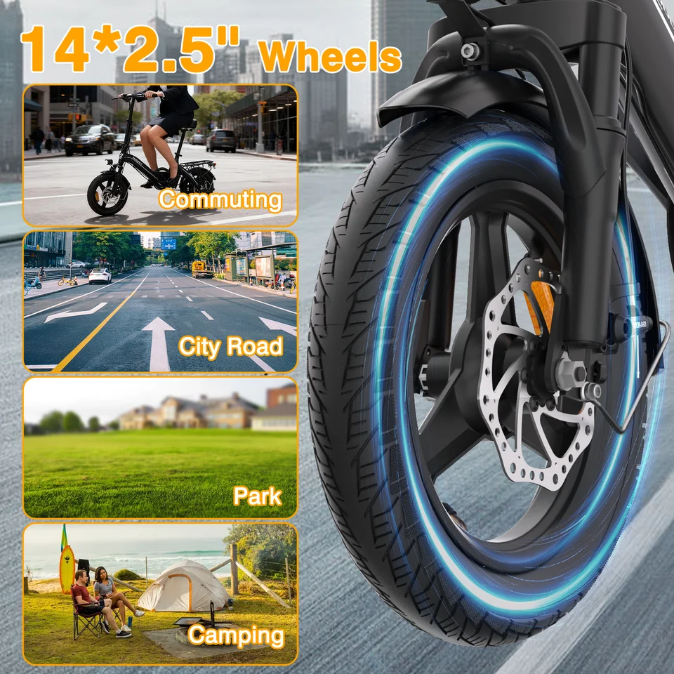 14' Foldable Electric Bicycle for Adult, Peak 500W Motor with 36V 10.4Ah Removable Battery EBike Dual Disc Brake Bodywel T16pro image 9