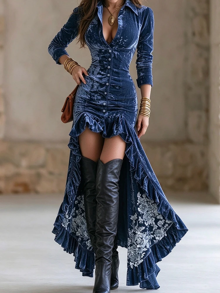 Blue Ruffle Design Hem Irregular Party Dress New 2026 Women's Lapel Button Velvet Maxi Dress Autumn Long Sleeved Commuting Dress