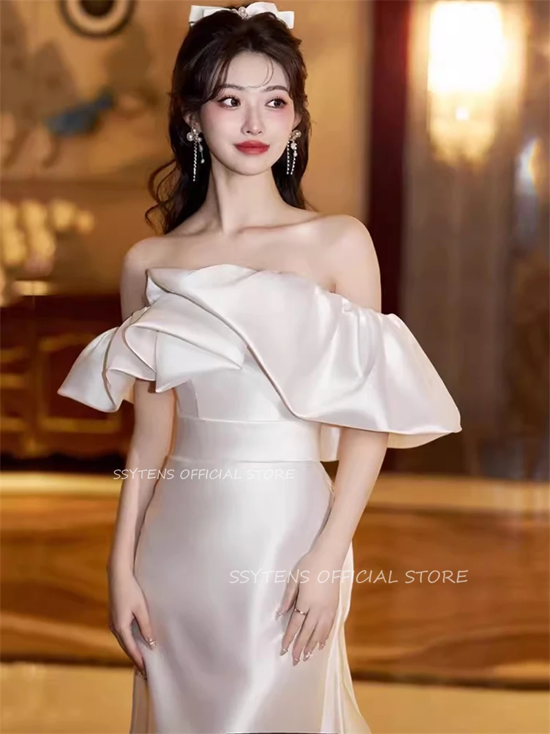 Classic Boat Neck corea abiti da sposa da sera per donna Ruffles servizio fotografico abiti da festa di compleanno abito da sposa Sexy con spalle scoperte