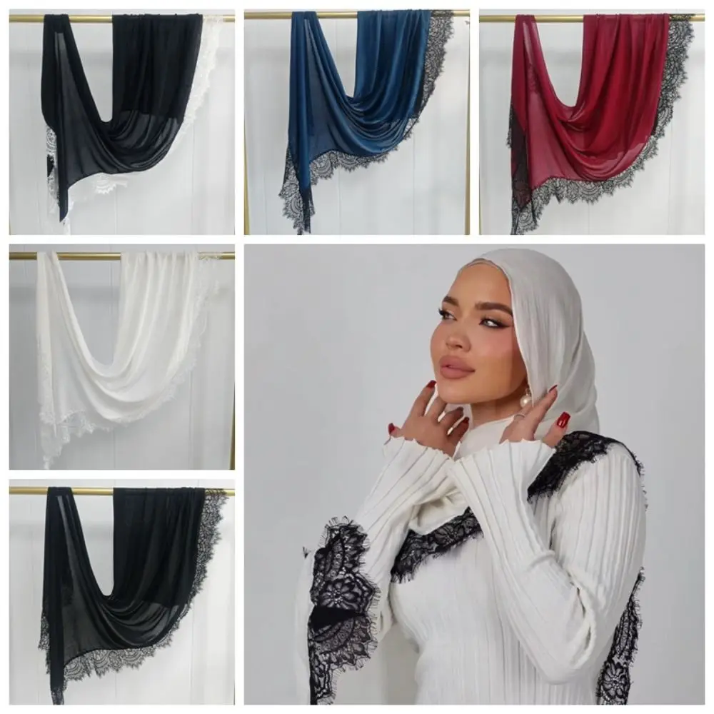 

Fashion Sunscreen Lace Edge Headscarf Cotton Solid Color Hijab Scarf Head Wrap Veil Thin Large Shawl Neck Decoration