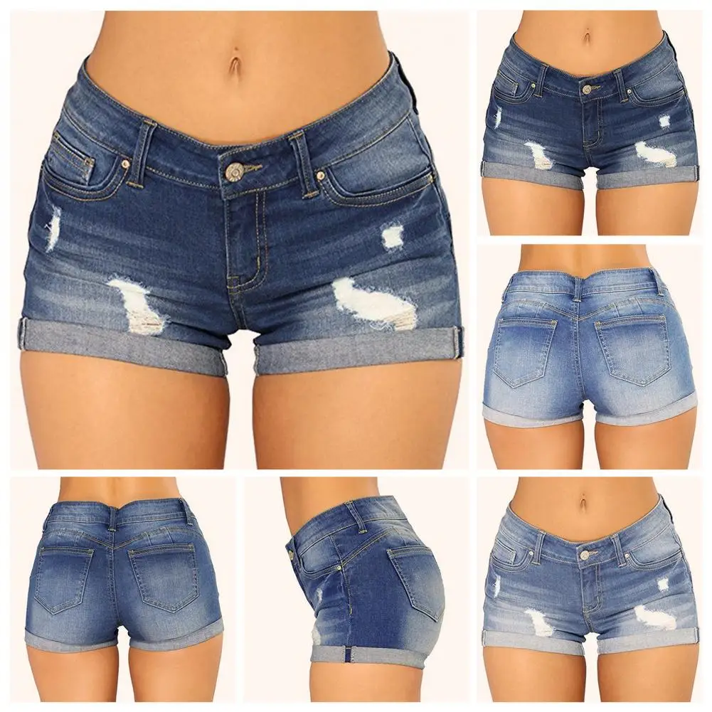 Trendy Lady Shorts Wear-resistant Ripped Pure Colors Soft Short Jeans  Women Jeans Slim Fit