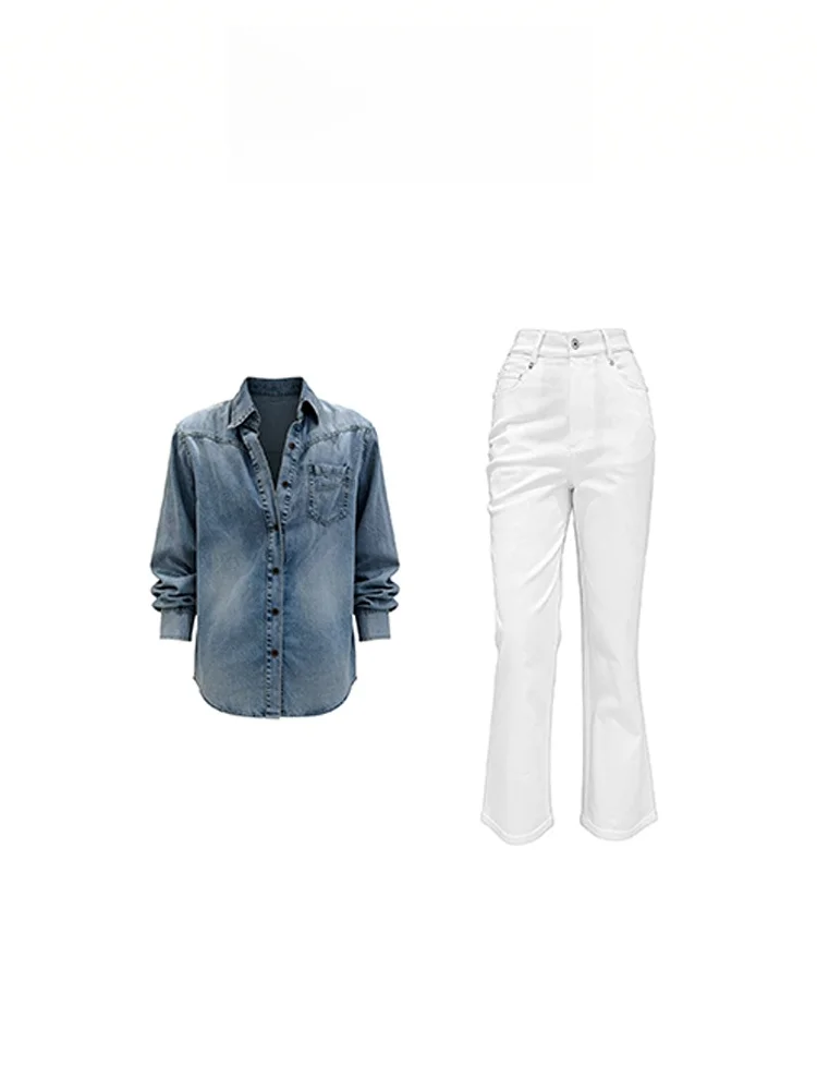 

Ретро-комплект из джинсовой куртки и брюк: женский костюм-двойка с длинными рукавами, отложным воротником и слегка расклешенными брюками, повседневный стиль