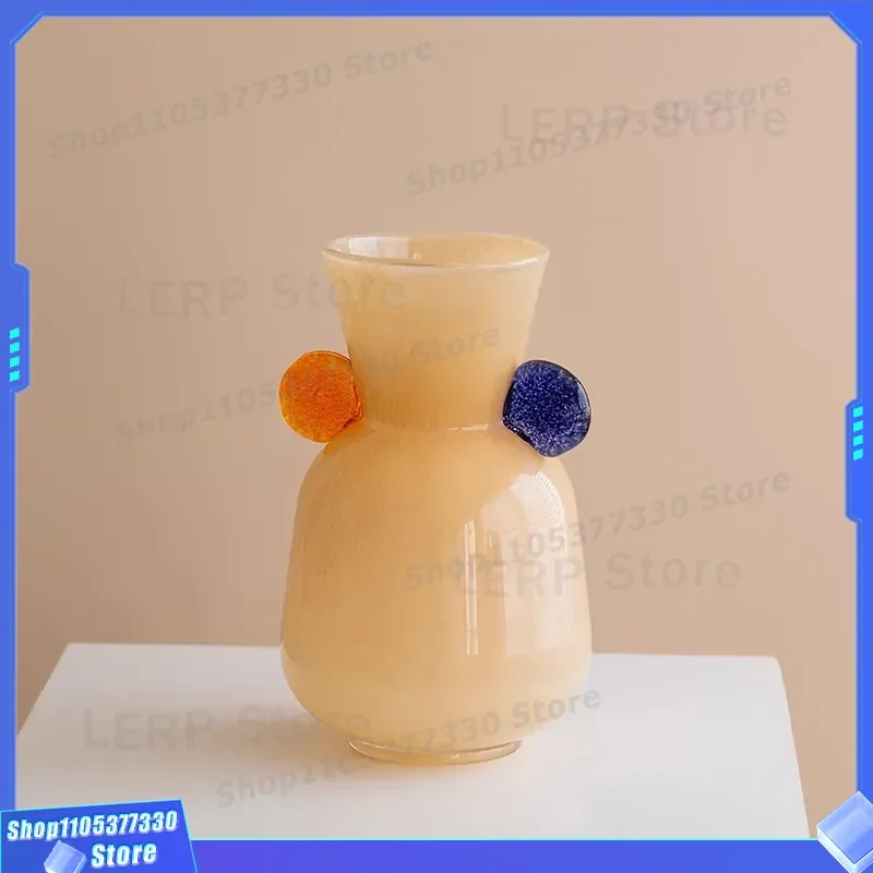 Handmade Medieval Glazed Vase Cute Binaural Design Cream Yellow Flower Arrangement Utensil High End Luxury Dining Table Decor