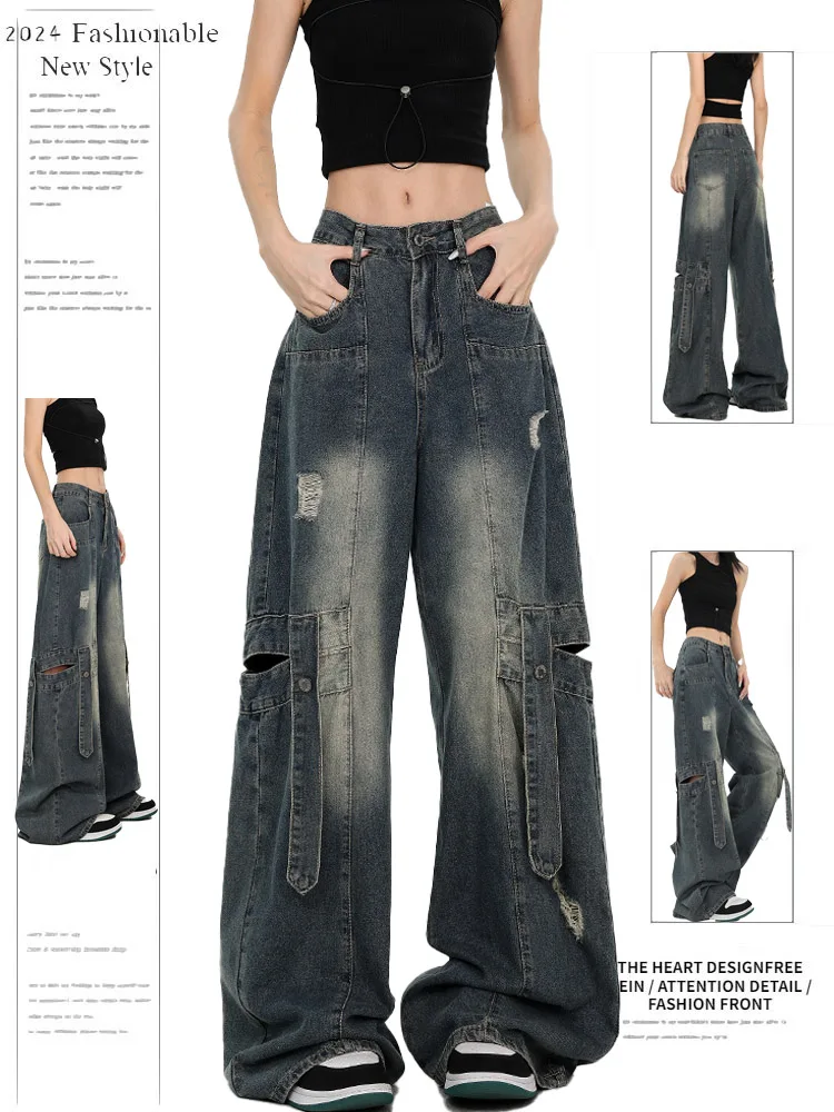

Retro American Blue Hole Denim Jeans Women Summer New Design Waed Loose Slim Wide Leg Floor-Length Pants High Waist Long Pants