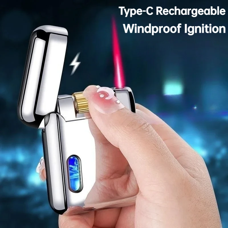 

Creative Mecha Modeling Inflatable Lighter Windproof Red Flame Butane Gas Lighter Roller Ignition Type-c Rechargeable Men's Gift