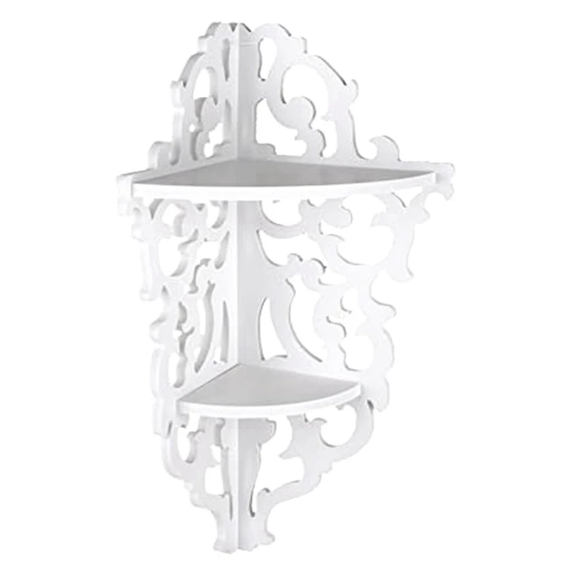 1 PCS 2 Tier Wall Mounted Carved Home Bathroom Corner Shower Storage Shelf Corner Shelf White Corner Display Rack For Decoration