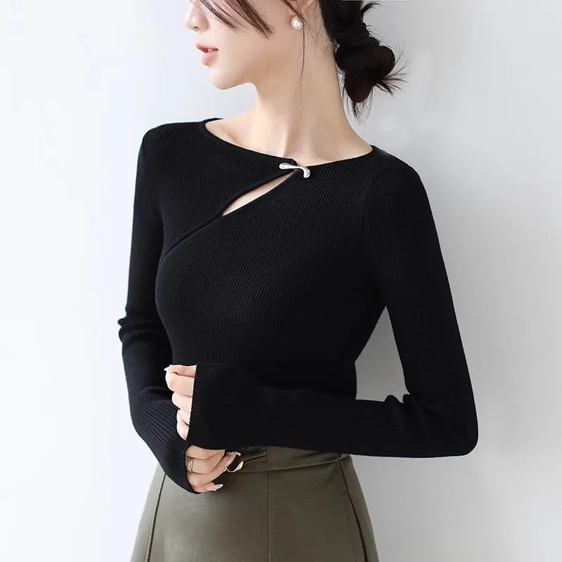 Women Clothing Fashion Elegant O-Neck Pullover Autumn Winter Simplicity Cozy Sweater Lady Casual Solid Hollow Chic Knitted