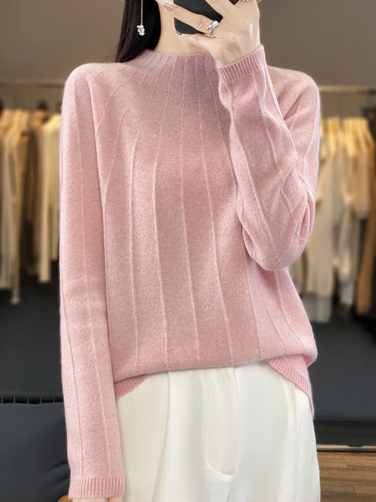 New Chic Women Sweater Autumn Winter Mock Neck Pullover 100% Merino Wool Shiny Cashmere Knitwear Korean Fashion Female Clothing