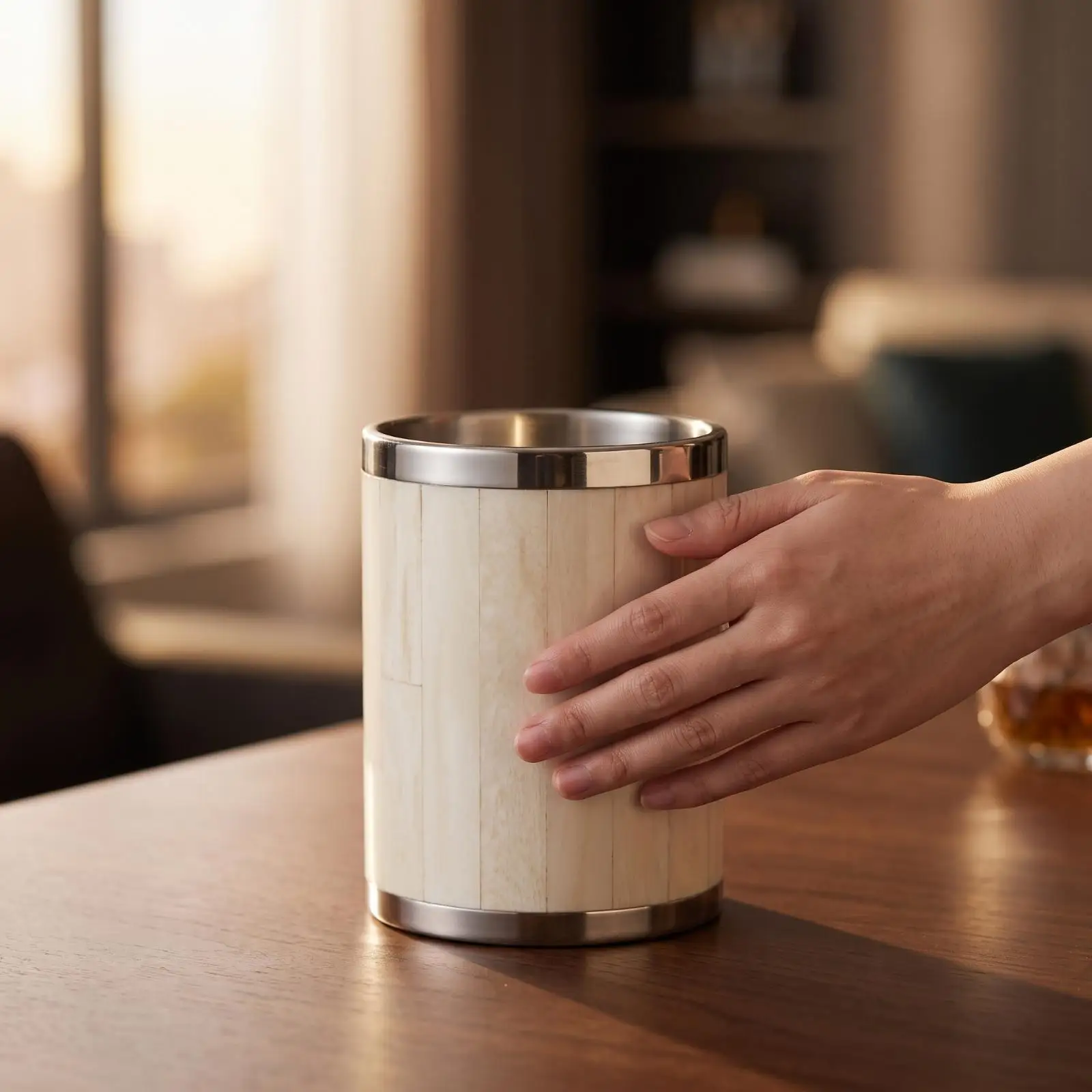 Stainless Steel Bone Handle Barware Bucket Organizer Decorative Storage Container for Console Table Bar Serving Tray