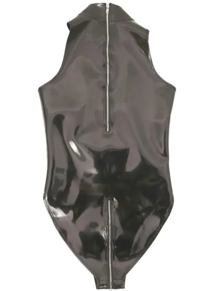 XS-4XL Double Sided PU Swimsuit Sleeveless Wet Look PVC Catsuit Zipper Open Crotch Bodysuit Tights Hot Sexy Cosplay Maid Leotard