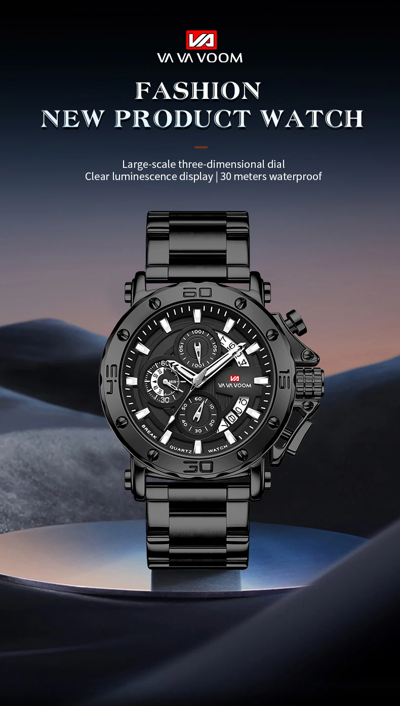 VA VA VOOM Chronograph-Uhr für Herren, Kalender, leuchtend, wasserdicht, Herrenuhr, luxuriöse Edelstahl-Quarzuhr für Herren, Reloj – Detail 6